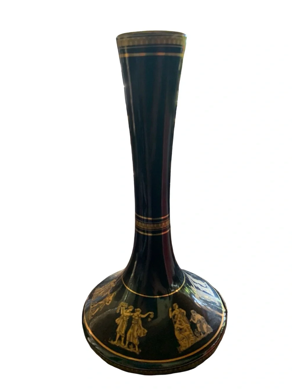 Vintage Spyropoulos Blueblack Porcelain Vase w/24k Gold Trim, Hellenistic Scenes